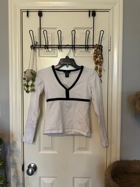 Moda International White V-Neck Top with Black Trim
